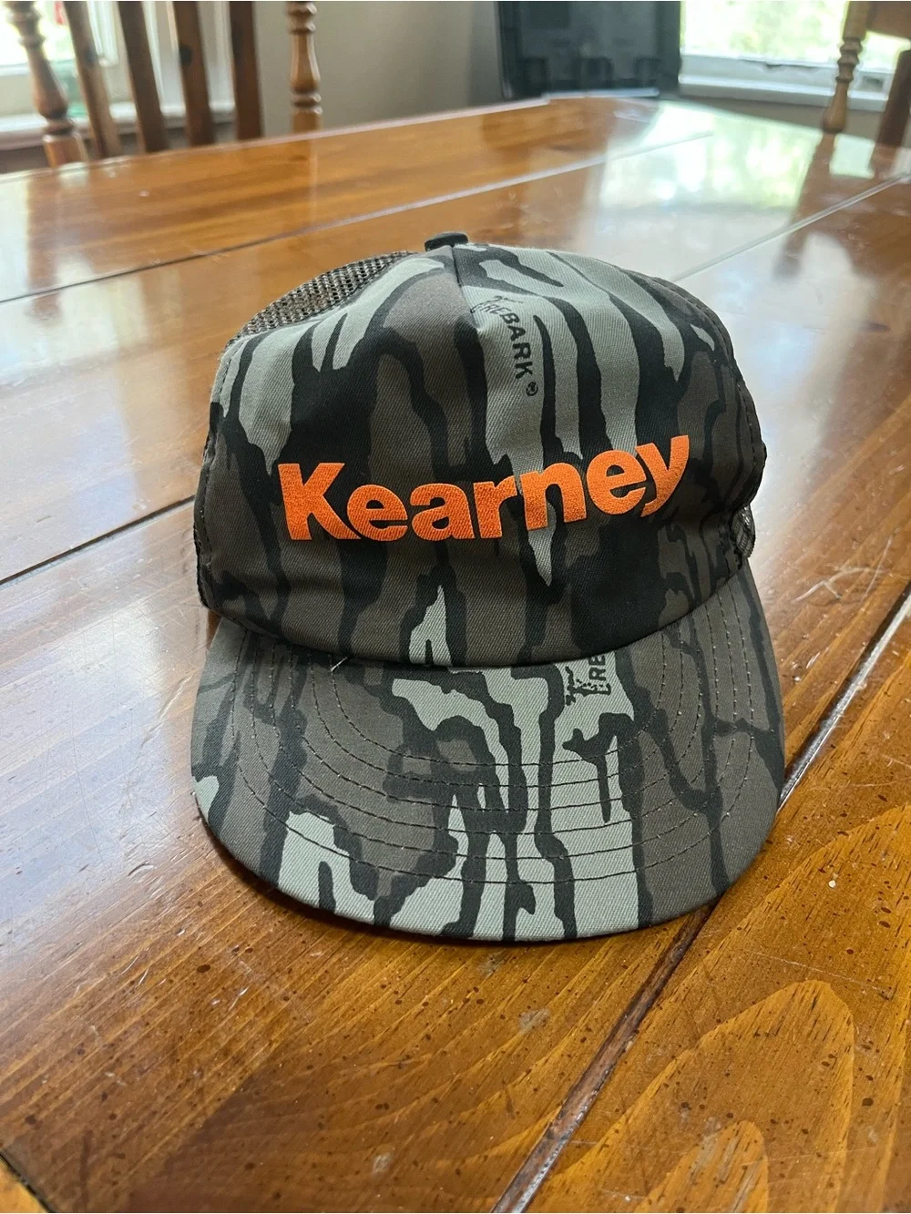 Vintage Trebark Camo Kearney Trucker Snapback Hat Cap Orange Text EUC